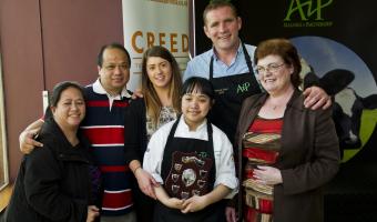 Photo of England rugby star Phil Vickery, AiP chef winner Gabrielle Ma-Gabaya 