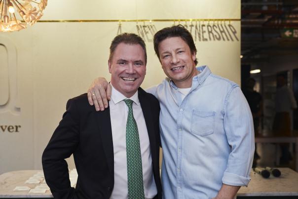 Jamie Oliver and Aramark region president, Northern Europe, Frank Gleeson partnership, catering, food