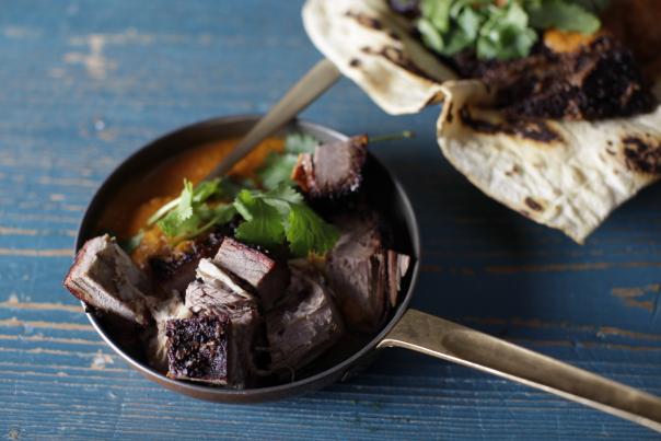 Beef rib butter masala with flaky roti 