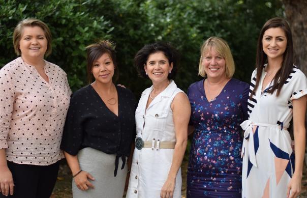(L-R) Michaela Mulvey wtih Emma Sison, Lin Dickens, Cathy Hutcheson and Lauren Gillon