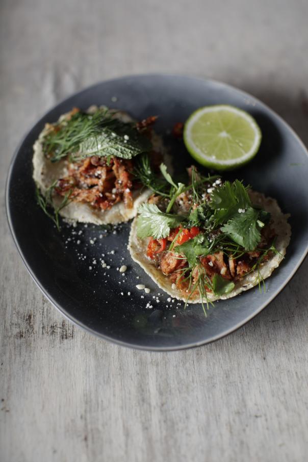 Chopped pork shoulder larb taco Chopped pork shoulder larb taco