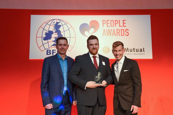 Rising Star award winner, Chris Healey (centre) with BFFF Chief executive, John Hyman (L) and award's compere Dr David Bull (R)
