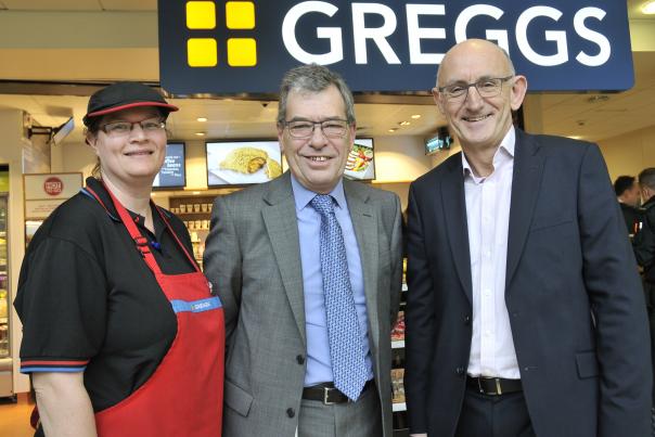 Greggs shop manager Zoe Brown with the New Cross Hospital CEO and Roger Whiteside