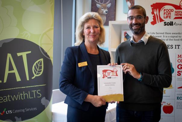 L-R Jackie Manship, catering manager for LTS Catering and David Persuad – Food for Life Served Here development manager (Midlands). Leicestershire Traded Services (LTS) Catering won the Soil Association’s Gold ‘Food Served Here’ catering mark junior chef competition