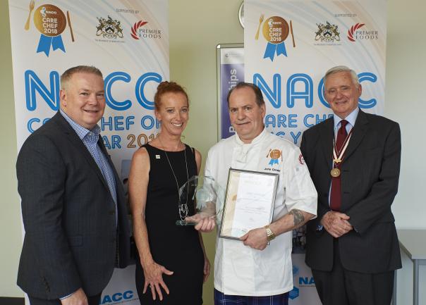 Mark Taylor of Premier Foods; Sophie Murray, deputy chair, NACC; John Grover, NACC Care Chef of the Year 2018; Bev Puxley, head judge care, chef, prize