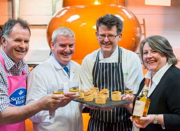 From the left, Matthew Mauchlen of Woodburn Farm, Crieff and Gary Conacher of Simon Howie Butchers in Dunning with Andrew Hamer, Wilde Thyme and Lesley Williamson, The Famous Grouse Experience at Glenturret Distillery