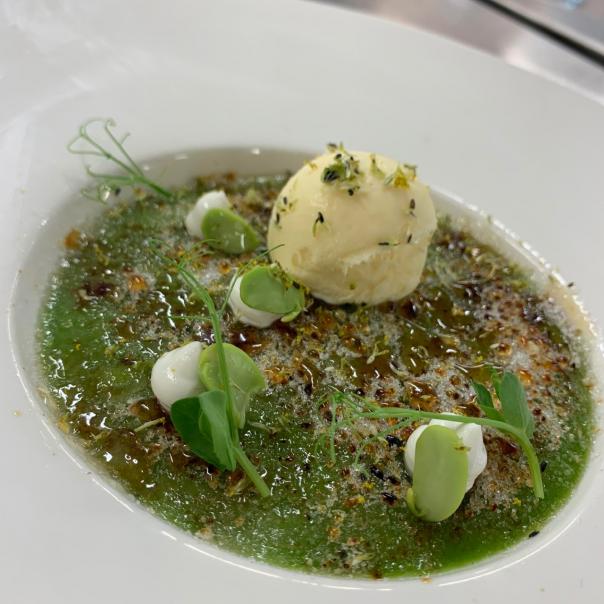 • ‘Savoury edamame bean and Sechuan sugar crème brulee, savoury Sechuan lemon ice cream, goats curd and affila cress’ by Darren Creed • ‘Savoury edamame bean and Sechuan sugar crème brulee, savoury Sechuan lemon ice cream, goats curd and affila cress’ by Darren Creed