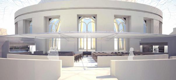 The redesigned restaurant under the curved glass and steel of the Great Court