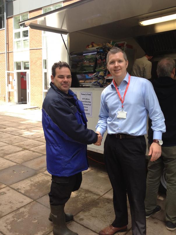 Aramark catering manager Ewan Steele with Bicton College farm manager Paul Redmore