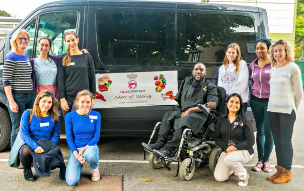 CH&Co with Kids Company in front of the new mobile cookery school CH&Co, Kids Company, mobile cookery school,