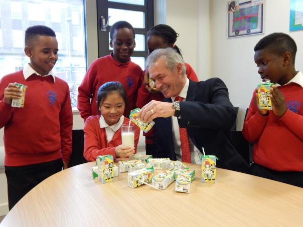 Dr Hilary Jones with Manor Longbridge pupils Dr Hilary Jones, Manor Longbride school, Dagenham, Cool Milk, images