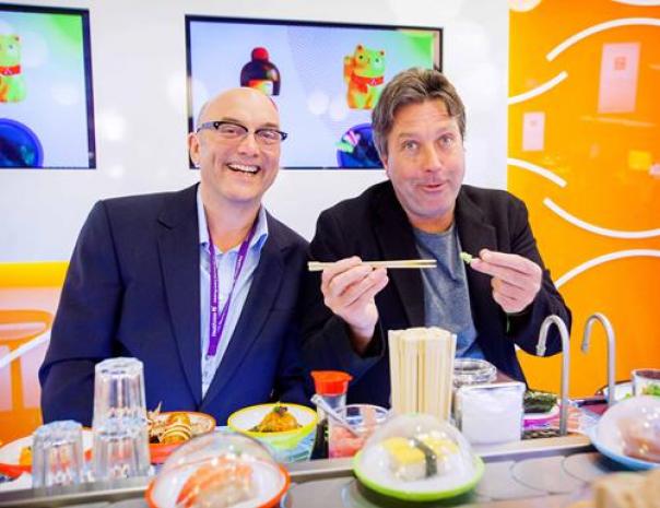 John and Gregg at Heathrow's YO! Sushi.