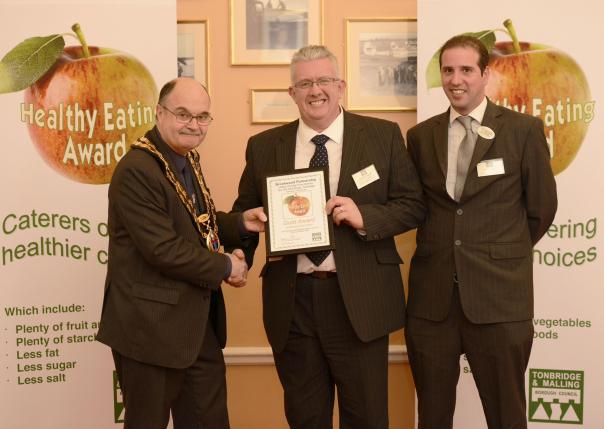 Tonbridge and Malling Mayor Dave Davis with Andrew Owens, chef manager and Mark Simmonds, operations manager, from The Brookwood Partnership
