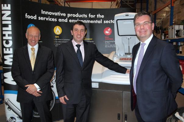 Iain Stewart MP, right, meets Peter Galliford, centre, and Peter Sage Passant, left, of Mechline Milton Keynes MP DEFRA Mechline Developments