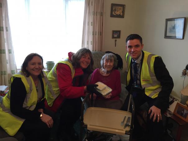 Julie Barker (far left) on her recent Meals on Wheels visit TUCO chair supports Meals on Wheels service
