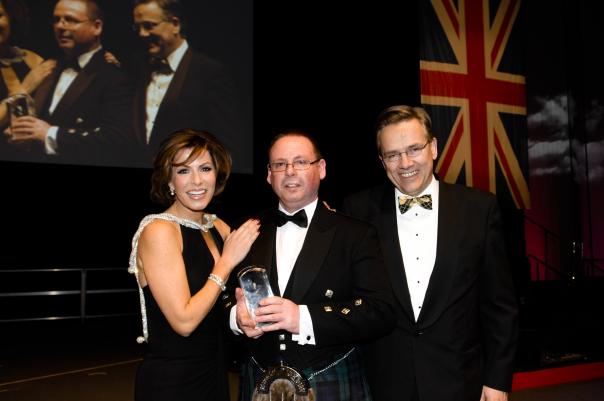 Site Colleague Award winner Duncan Martin with Natasha Kiplinsky and Elior chief executive Tim Hammond Elior Awards for Excellence, Martin Duncan, Natasha Kiplinsky, Tim Hammond