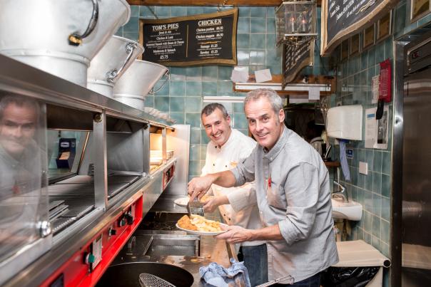 Phil Vickery and Harry Niazi from Olley's Fish Experience serving up gluten-free fish and chips