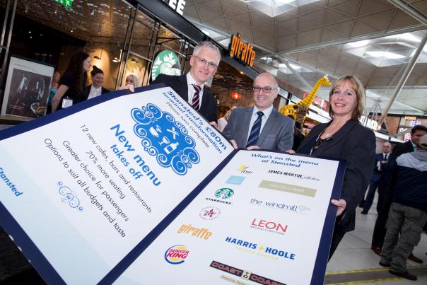 (right to left): Andrew Harrison, Managing Director Stansted Airport; Charlie Cornish, MAG Chief Executive; Beth Brewster, MAG Retail Director SSP & HMS Host unveil outlets at Stansted Airport's terminal transformation