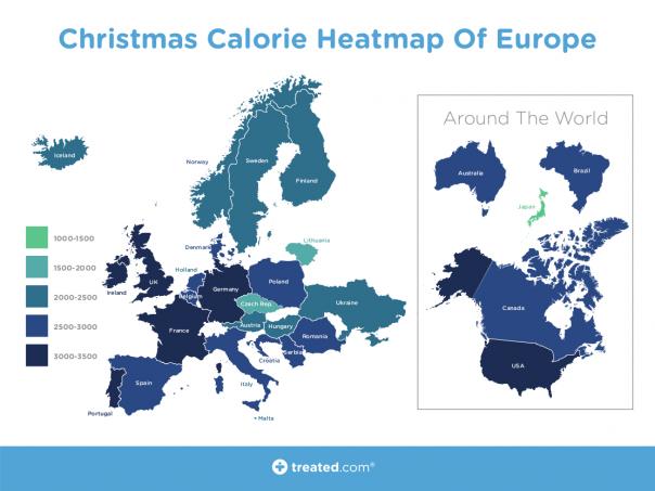 The map detailing the differences in calorie intake on Christmas Day