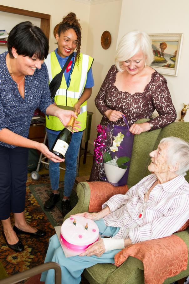 Merton MP Siobhan McDonagh with meals on wheels recipient Olive Keepin Sodexo meals on wheels Merton Siobhan McDonagh MP