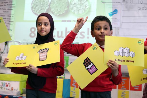Pupils with Change4Life sugar smart posters PHE Change4Life sugar smart
