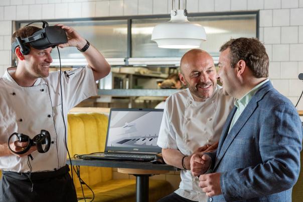 Simon Rimmer with Lloyd Catering Equipment sales director Jason Cunliffe, testing the new VR technology