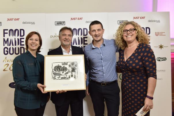 Sheffield Hallam's Katie Stead (first from left) and Darren Procter (third from left) with Raymond Blanc